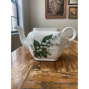 Vintage Ellgreave Wood & Sons Ironstone Teapot Floral Lily Of The Valley England